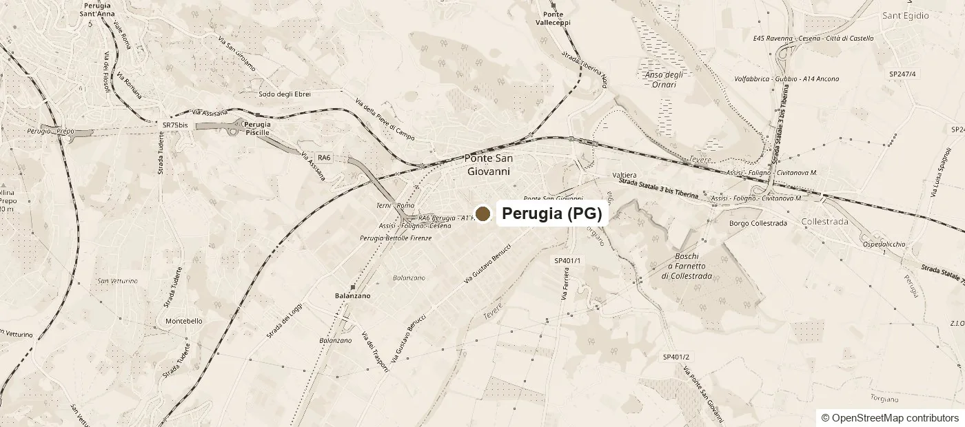Map of Ponte San Giovanni, Perugia, showing Cinemarry’s studio at Via Luigi Catanelli 34